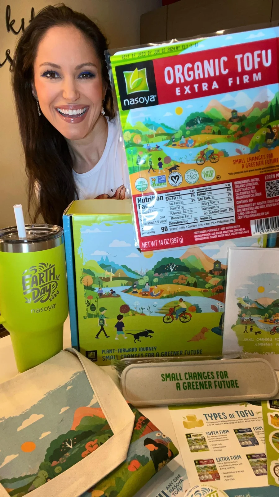 Cheryl with Nasoya tofu and the Earth Day campaign ingredients